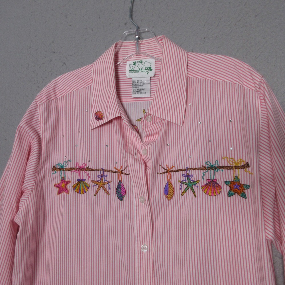 Vintage Quacker Factory Top Pink Stripe Embroidered Coastal Shell Starfish Beach